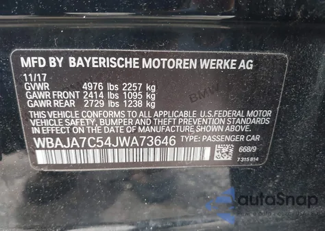 2018 BMW 530I xDrive z USA, uszkodzony, nr VIN WBAJA7C54JWA73646